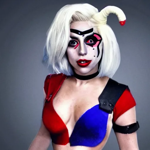 Prompt: Lady Gaga as Harley Quinn hyper realistic 4K quality