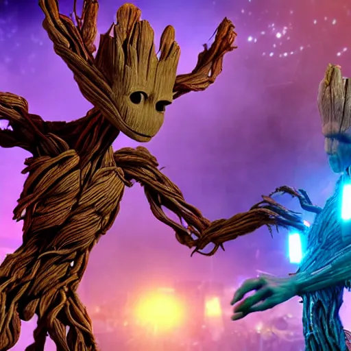 Image similar to groot and optimus prime in techno party among people dancing, wide shoot, after effect ultra realistic 3 d