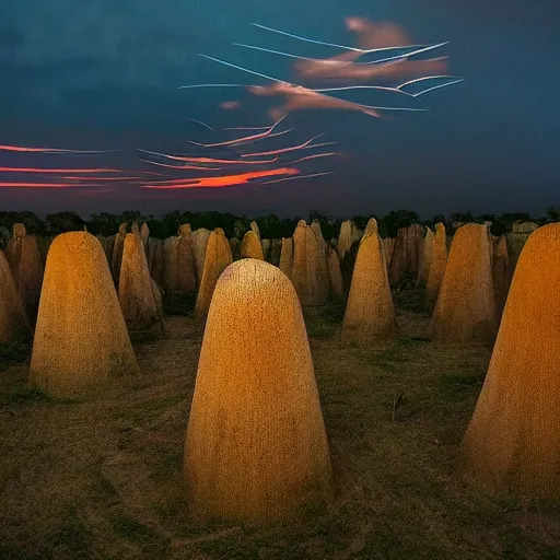 Prompt: “ field of cyberpunk termite mounds at dusk, 1 2 0 mm, award winning 4 k photo ”