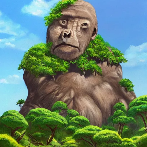 Image similar to painting of a small desolate jungle island with a prominent large rock formation in the shape of a gorillas head, trending on artstation