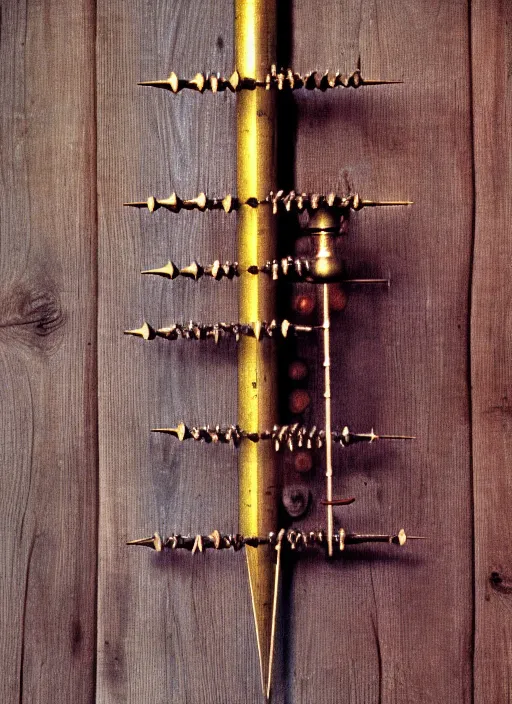 Prompt: realistic photo of a a medieval wooden measurement scientific gadget made of dark old oak wood, covered with long brass spikes 1 9 9 0, life magazine reportage photo, natural colors