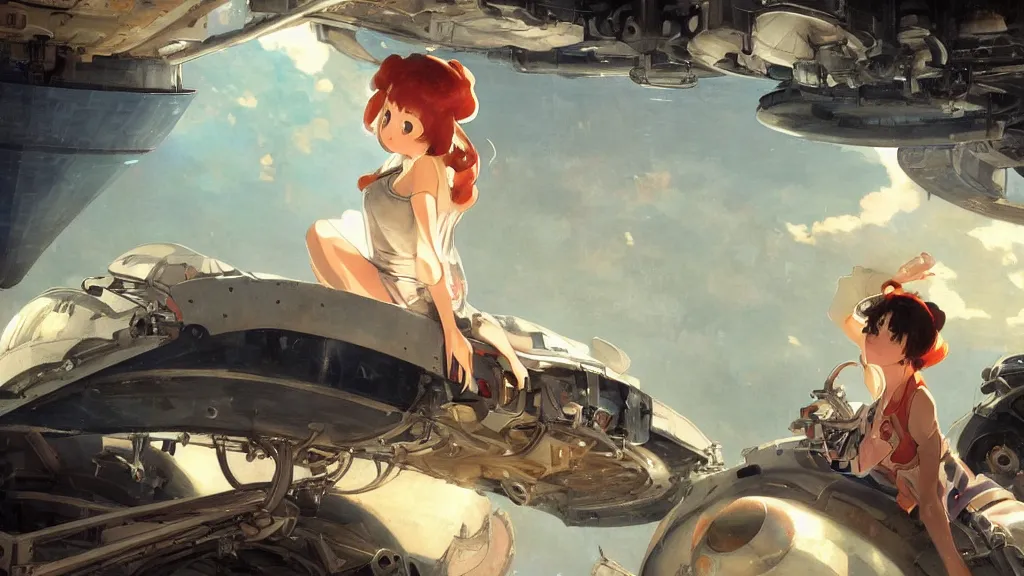 Prompt: a film still of a 1 9 5 0's mechanic anime girl sitting on top of flying ufo landing in hangar of giant ufo spaceship, sharp face focus,, perfect art, trending on pixiv fanbox, painted by gaston bussiere, makoto shinkai, akihiko yoshida, gaston bussiere, craig mullins