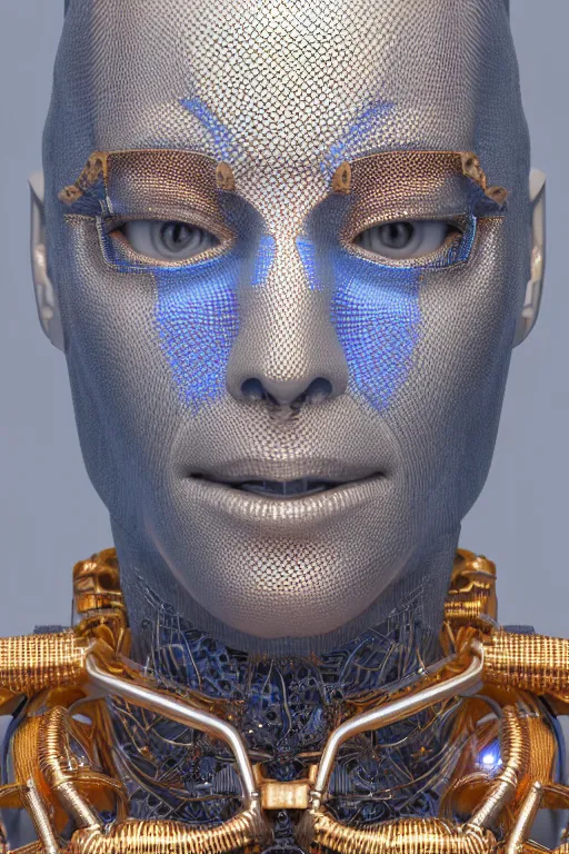 Prompt: intricate 3d render, ultra detailed, of a complex robotic human face, 3 point lighting, blue rim light, silver gold red details, hexagonal mesh wire, filigree intricate details, hyperrealistic, anatomical, robotic parts, fleshy muscalature, elegant, octane render, 8k post-processing