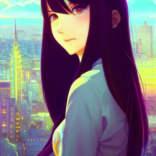 Image similar to a beautiful girl with long dark hair, city background, intricate, highly detailed, digital painting, artstation, official media, anime key visual, concept art, rich vivid colors, ambient lighting, sharp focus, illustration, art by Artgerm, Makoto Shinkai, Ilya Kuvshinov, Lois Van Baarle, and Rossdraws