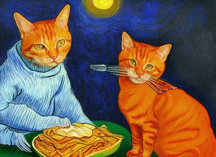 Image similar to detailed realistic realism painting of orange tabby cat eating lasagna at dusk, in the style of vincent van gogh and salvador dali and leonardo da vinci
