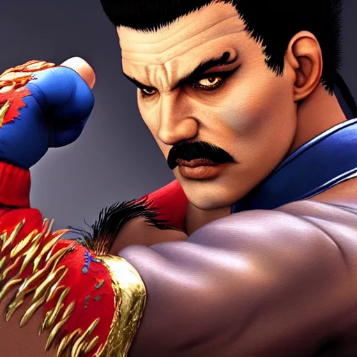 Image similar to freddy mercury as ryu street fighter, face detail, ultra realistic, concept art, intricate details, highly detailed, photorealistic, octane render, 8 k, unreal engine, art by frank frazetta, simon bisley, brom