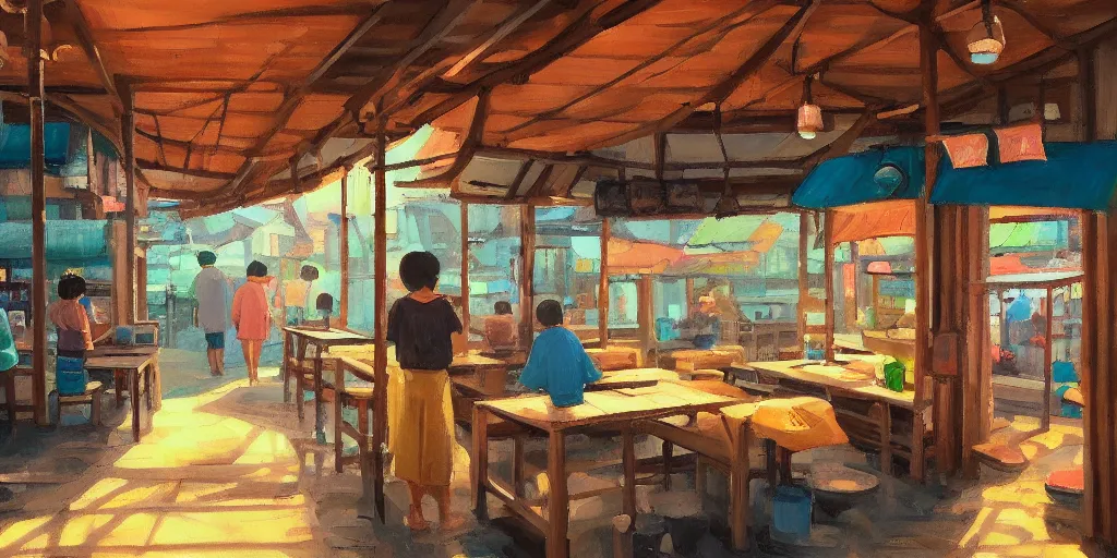 Image similar to interior of a small kopitiam at pulau indah fishing village, near a jetty, early morning, detailed painting, low angle view, telephoto lens, bokeh, hayao miyazaki, studio ghibli, artstation