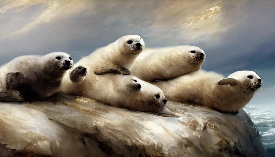 Image similar to highly detailed painting of cute furry white baby seals driving a car by william turner, by greg rutkowski, by william constable, thick brush strokes and visible paint layers, 4 k resolution