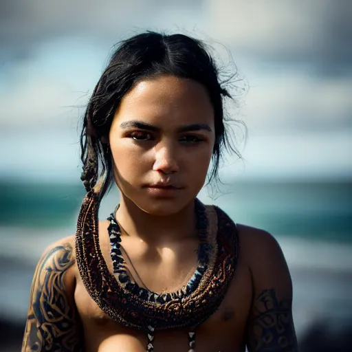 Image similar to a portrait of a maori girl with bottom lip tattoos female, dark eyes, dark hair, olive skin, depth of field, zeiss lens, detailed, centered, artstation, fashion photoshoot, by Annie Leibovitz and Steve McCurry, David Lazar, Jimmy Nelsson, Breathtaking, 8k resolution, extremely detailed, beautiful, establishing shot, artistic, hyperrealistic, beautiful face, octane render