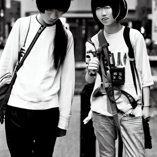 Prompt: Japanese teenagers male and female, street photography in the 80s, economic boom, punks, highly realistic, photography, photorealistic, Tokyo, fashion, wearing Sony Walkman and headphones