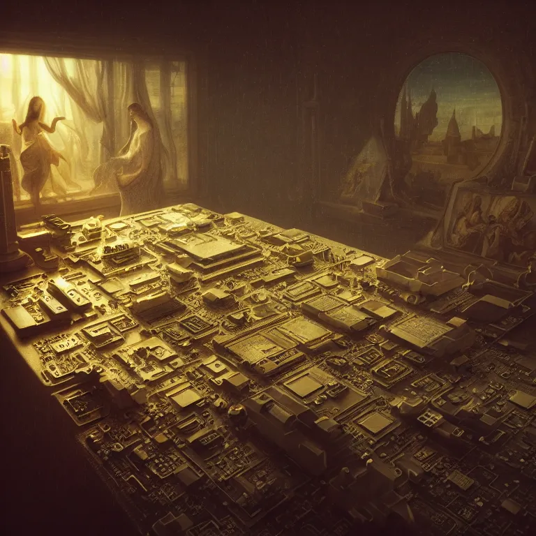 Image similar to motherboard, chip circuit, computer, dream - like atmosphere, baroque landscape painting, perfect composition, beautiful detailed intricate insanely detailed octane render trending on artstation, 8 k artistic photography, photorealistic, soft natural volumetric cinematic perfect light, chiaroscuro, award - winning photograph, masterpiece, raphael, caravaggio, greg rutkowski, beeple