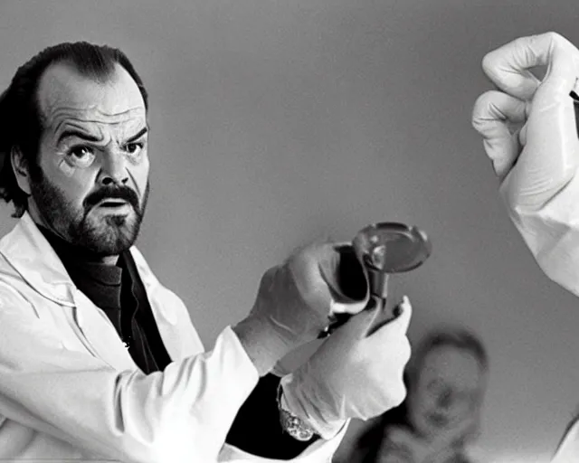 Prompt: jack nicholson plays termiantor, scene where his endoskelet gets exposet