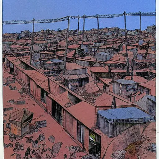 Image similar to slums in south africa, drawing by moebius