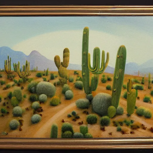 Prompt: a conrad buff oil painting of a small hill covered in cactus with a circular 1 0 lane highway at it's base full of evening traffic