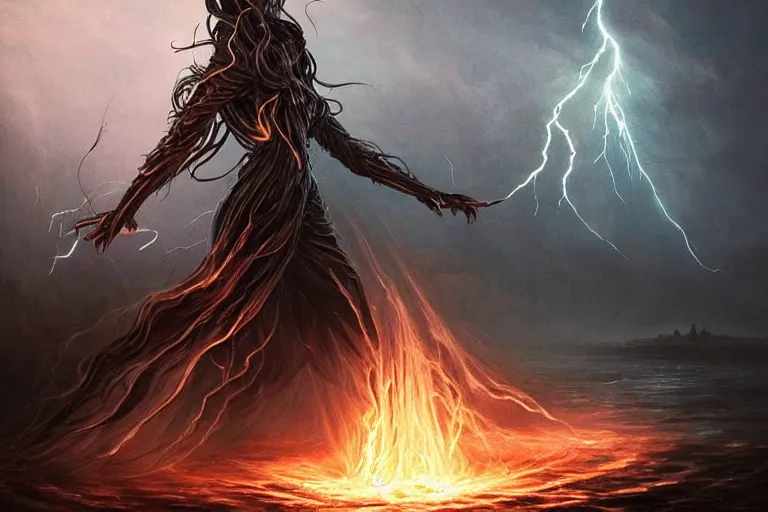 Prompt: Beautiful Eldritch Goddess of Lightning Attacking a Riverside Town, digital art, fantasy, magic, trending on artstation, illustration by Seb McKinnon and Peter Mohrbacher, ultra detailed, atmospheric, powerful presence, bossfight, darksouls, grand finale, explosive entrance, final battle, cutscene, cinematic lighting, unleashing the power of the flame, burning pulse, close-up