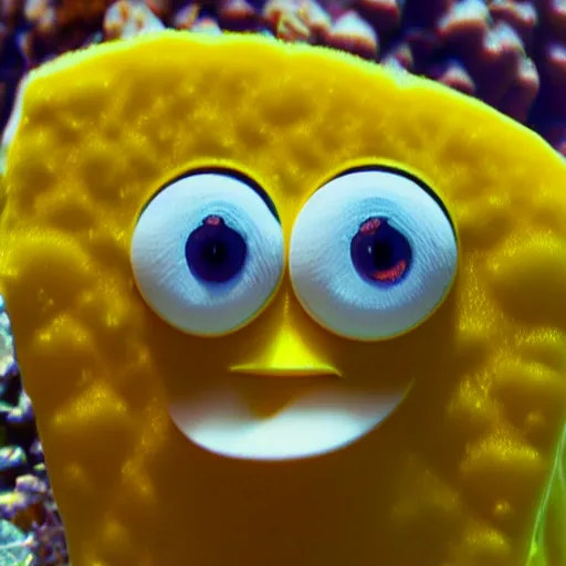 Prompt: 4k shot macro lence of a Spong that looks exactly as Spongebob inside a coral reef