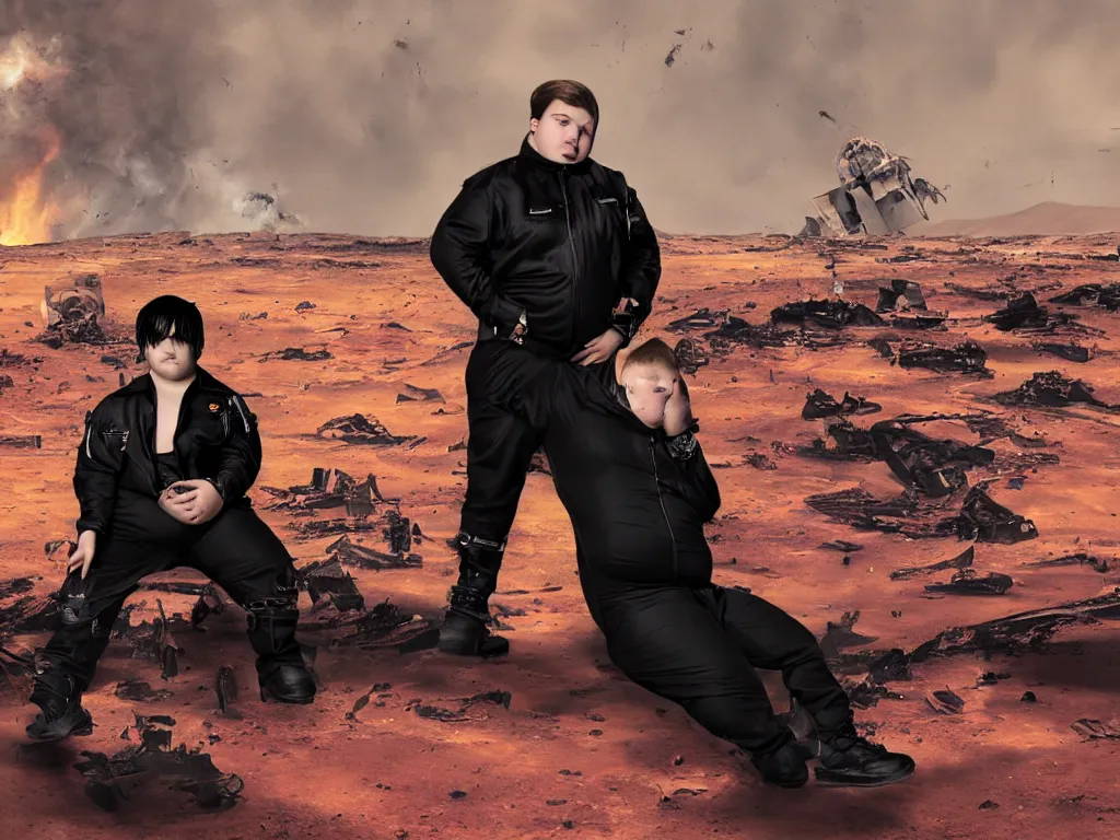 Prompt: portrait of an overweight depressed teenager with emo haircut wearing gothy purple and black spandex suit, sitting next to smashed burning spacecraft wreckage, on the orange surface of mars, highly detailed, dramatic lighting, photorealistic, cinematic