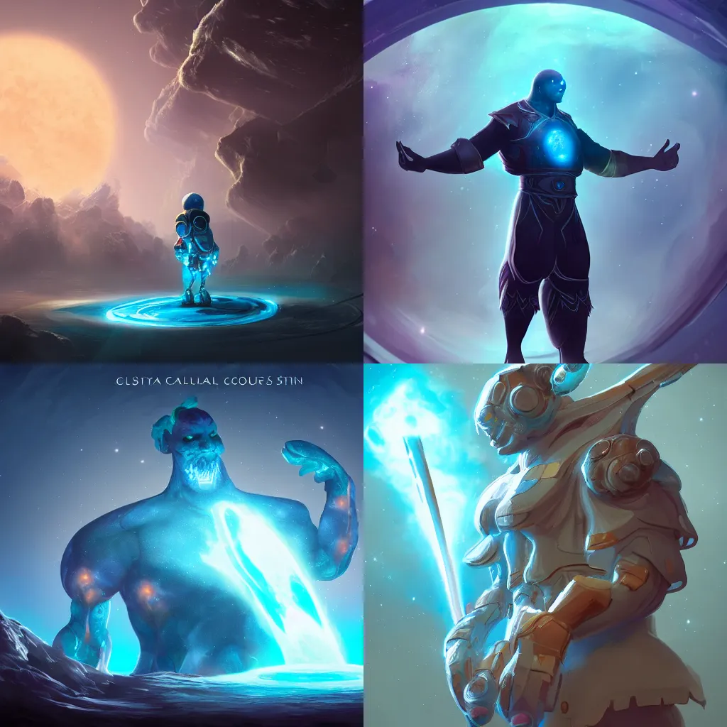 Prompt: a celestial giant in space, character design, concept art, deep colours, light blue, trending on art station, unreal engine 5