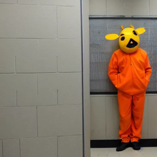 Image similar to inmate with orange suit and wearing a bee head