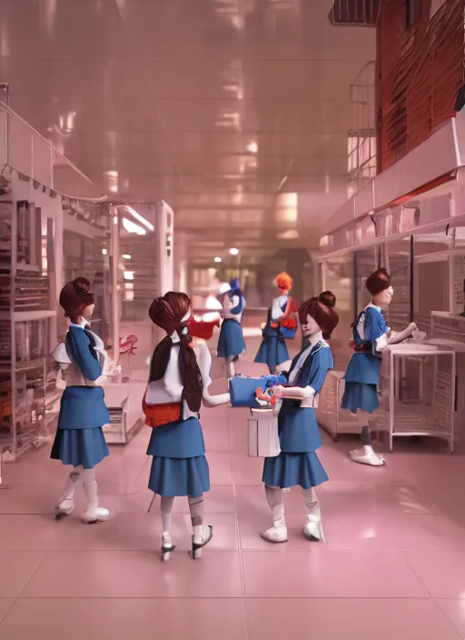 Prompt: plastic schoolgirls selling plastic cats, photorealism, canon r 3, symmetry, octane render, unreal engine, dramatic lights, professional studio photo