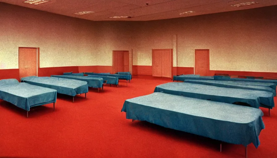 Prompt: 60s movie still of a sovietic stalinist style empty ballroom with beds, cinestill 800t 50mm eastmancolor, liminal Space style, heavy grain-s 150