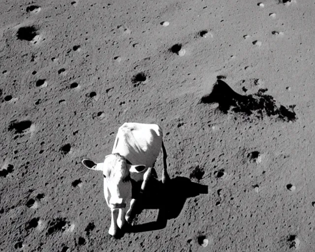 Image similar to a vintage photo of a cow on the moon, earth in distance