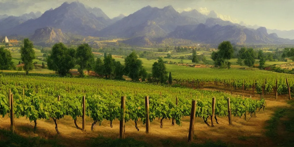 Image similar to A painting of winery. The vineyards are sprawling and green, with a river winding through them. In the distance, there are mountains. by bob ross, Albert Bierstadt, immaculate scale, hyper-realistic, trending on Artstation, 8k, detailed, atmospheric, immaculate