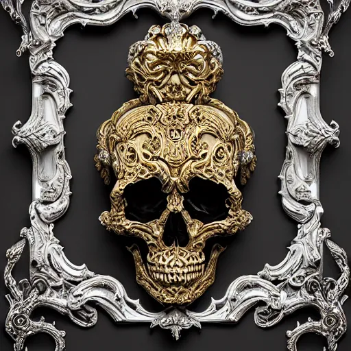 Image similar to a beautiful, ornate and intricate rococo skull with silver and gold details, inside a black rococo frame, 4k, octane render, vray, unreal engine, photorealistic