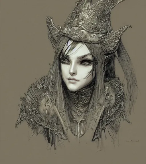 Image similar to portrait of anime woman wearing witch hat in armor, pen and ink, intricate line drawings, by craig mullins, ruan jia, kentaro miura, greg rutkowski, loundraw