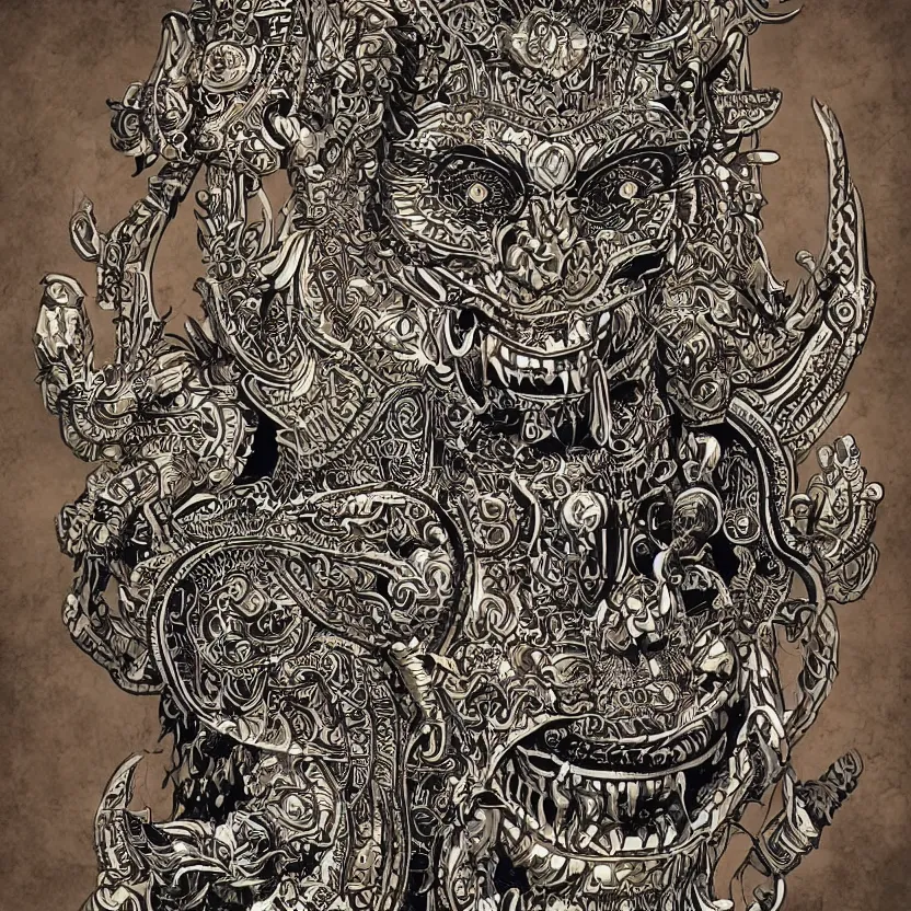 Image similar to barong, the balinese demon in a retrofuturistic style. ornately decorated with sacred art and designs. reflective metal, detailed textures, smooth lighting. dark background. pulp sci - fi art.