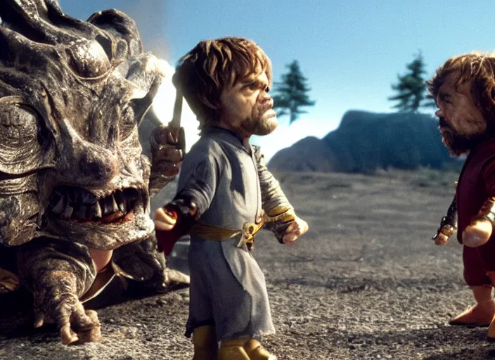 Image similar to peter dinklage knife fighting e. t. the extra - terrestrial, movie still, from the new toys r us movie, 8 k, realistic