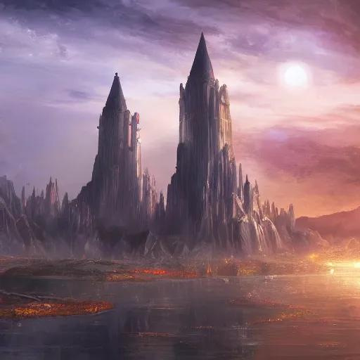 Image similar to beautiful illustration of a beautiful painted of the two towers, science fiction, 4 k detailed, crystal lighting, highly detailed, hyperrealistic, unreal engine