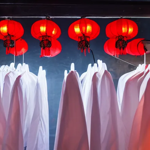Image similar to a tiny night club with five red chinese lanterns, people's silhouettes close up, wearing white t - shirts that glow in the dark, minimalism, darkness