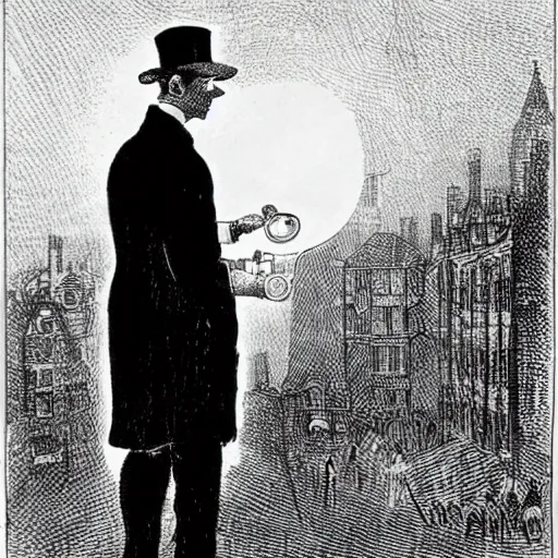 Prompt: sherlock holmes in deerstalker hat looking through magnifying glass at ground, highly detailed, london background, foggy night, aubrey beardsley