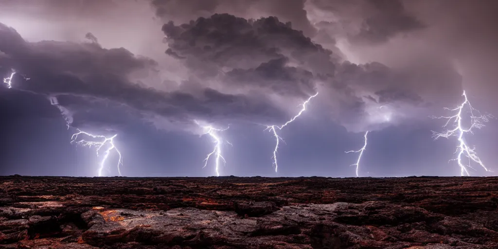 Image similar to Thunderstorm with lightning made out of lava, cinematic lighting, wide angle landscape photography, hyperrealistic, 8k