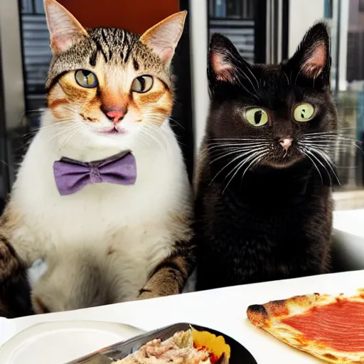 Prompt: cats in business suits enjoying a power lunch of tuna and pizza crust at spago in the style of miami vice
