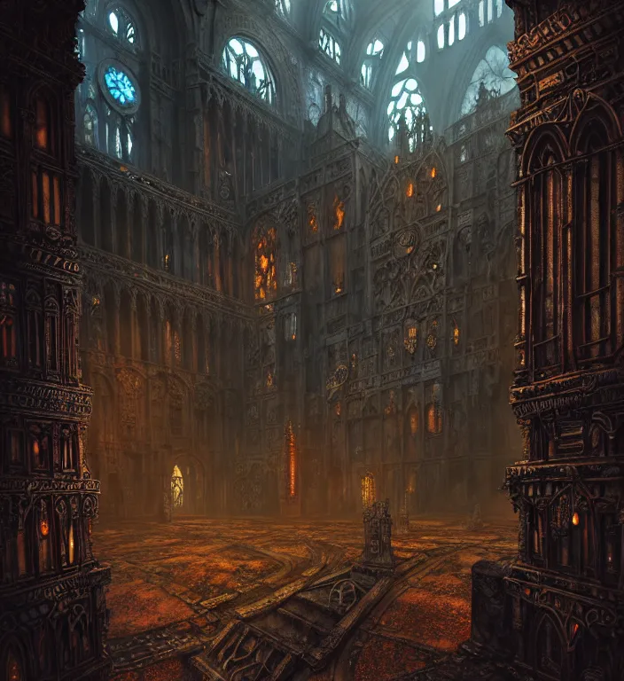 Image similar to steam necropolis, memento mori, gothic, neo - gothic, art nouveau, hyperdetailed copper patina medieval icon, stefan morrell, philippe druillet, ralph mcquarrie, concept art, steampunk, unreal engine, detailed intricate environment, octane render, moody atmospherics, volumetric lighting, ultrasharp, ominous, otherworldly