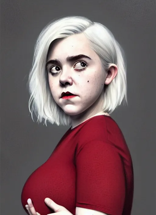 Image similar to full body portrait, kiernan shipka as sabrina spellman, white hair, obese, bangs, sultry, realistic, sultry smirk, fluffy bangs, freckles, fat, belly, intricate, elegant, highly detailed, digital painting, artstation, concept art, smooth, sharp focus, illustration, art by wlop, mars ravelo and greg rutkowski