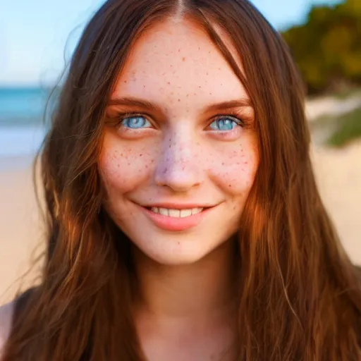 Prompt: Cute young woman, long shiny bronze brown hair, green eyes, cute freckles, soft smile, golden hour, beach setting medium shot, mid-shot