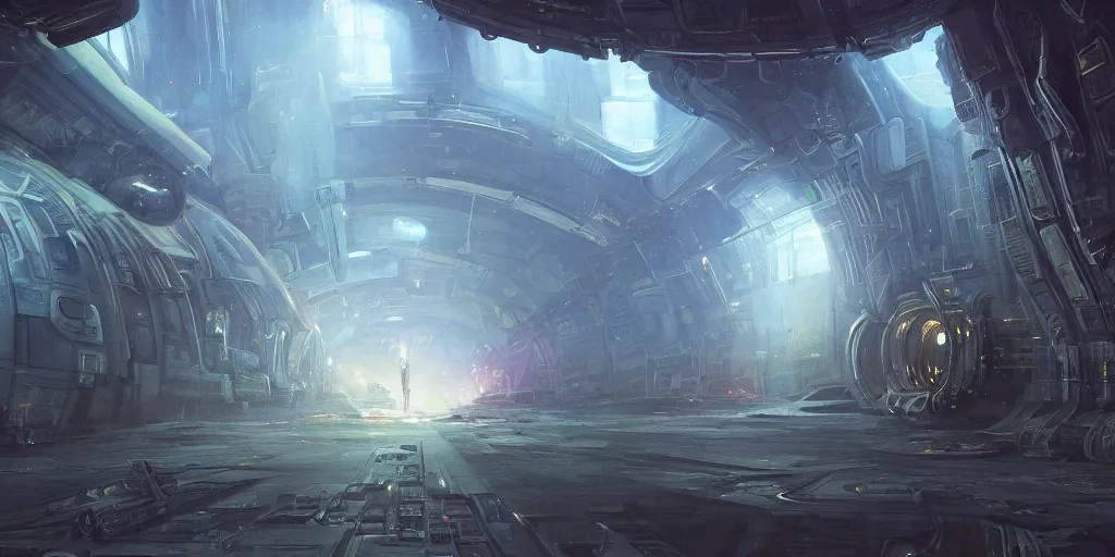 Image similar to an extremely detailed masterpiece epic color scene of the inside of a cavernous spaceship extraterrestrial pilots an opened hanger door and space in background, in the style of greg rutkowski and frank paul lehr and lebbeus woods, intricate, elegant, highly detailed, digital painting, artstation, cinematic lighting, extremely moody lighting, glowing light and shadow, 4 k