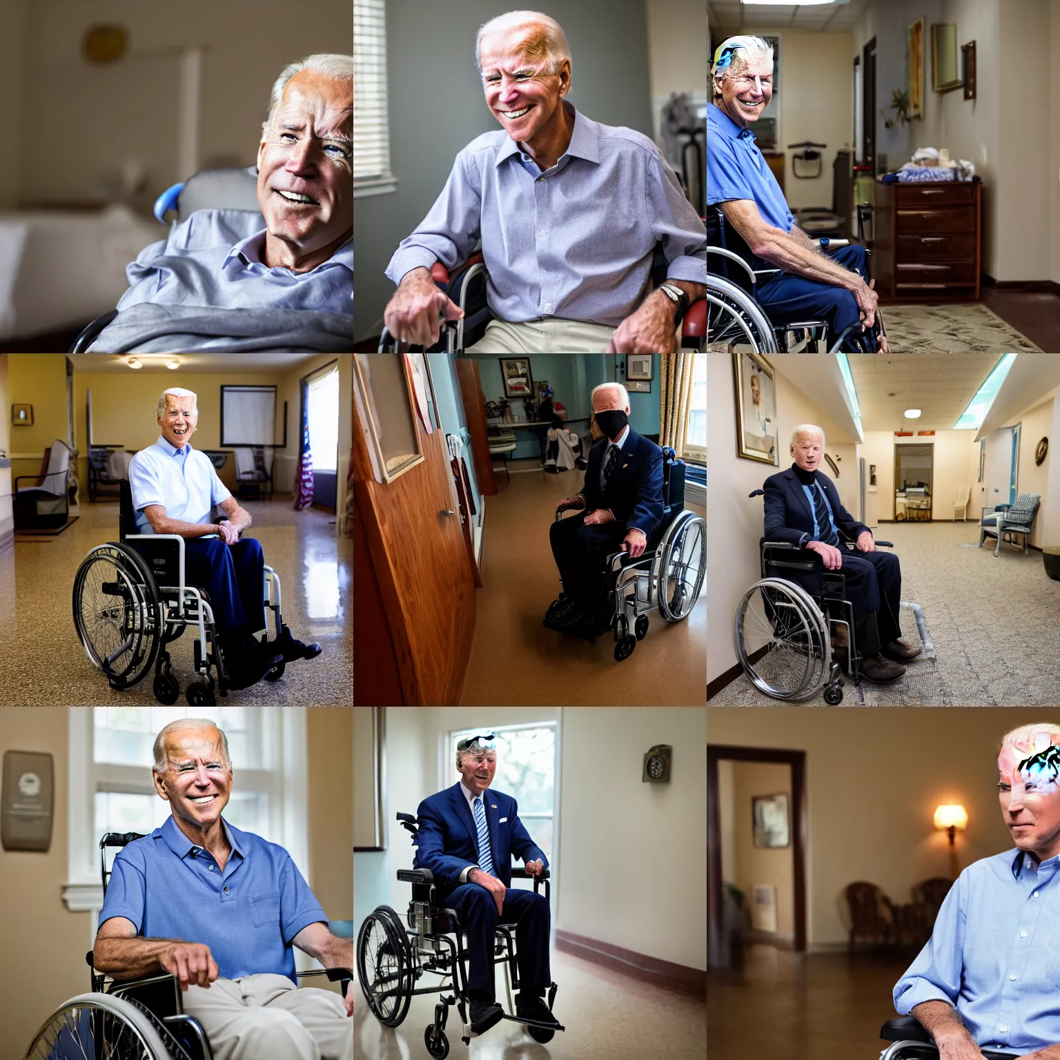Prompt: high-res photo portrait of ancient-looking old Joe Biden in a nursing home in a wheelchair, 8k, HDR