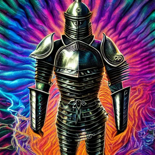 Prompt: medieval fantasy armored knight, by alex grey, TOOL band art, psychedelic, fractals, detailed, 8K