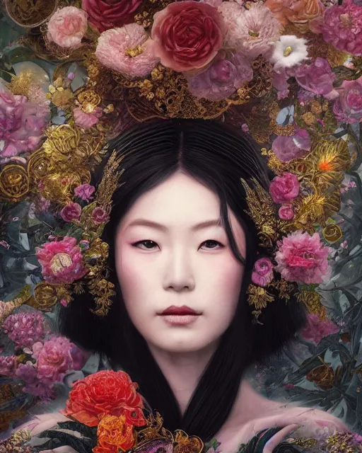 Image similar to portrait of the japanese queen of the underworld, surrounded by flowers by karol bak, james jean, tom bagshaw, rococo, sharp focus, trending on artstation, cinematic lighting, hyper realism, octane render, 8 k, hyper detailed.