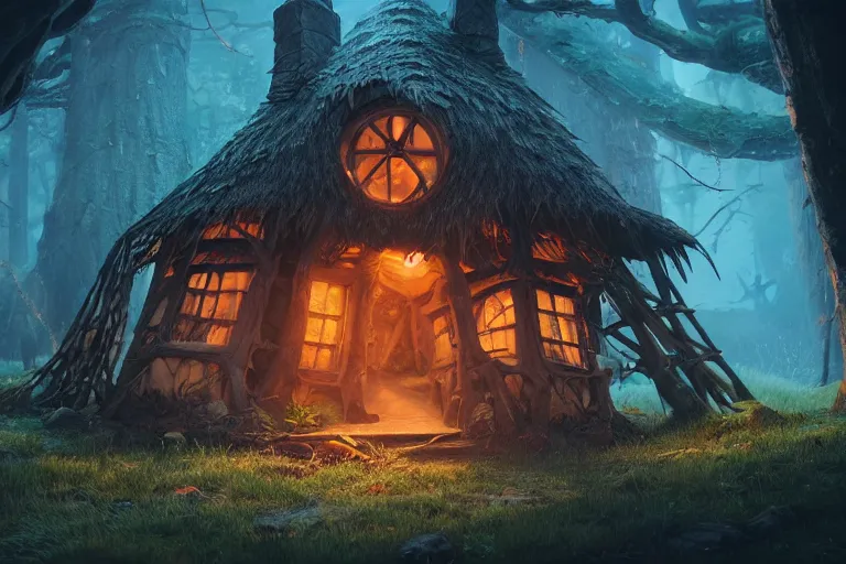 Prompt: witch hut, hyper realistic, ambient lighting, concept art, intricate, hyper detailed, smooth, dynamic volumetric lighting, octane, raytrace, cinematic, high quality, high resolution, 4 k, ghibli studio