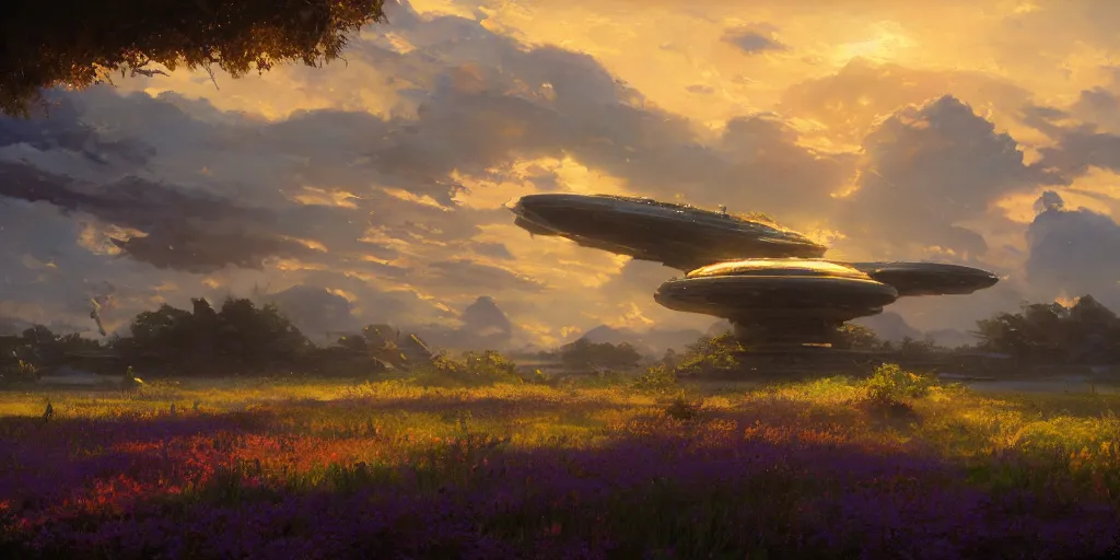 Image similar to an extraordinarily beautiful oil painting of an alien starship in a landscape in spring during sunrise ; lush vegetation ; the most beautiful painting in the world ; by makoto shinkai and craig mullins