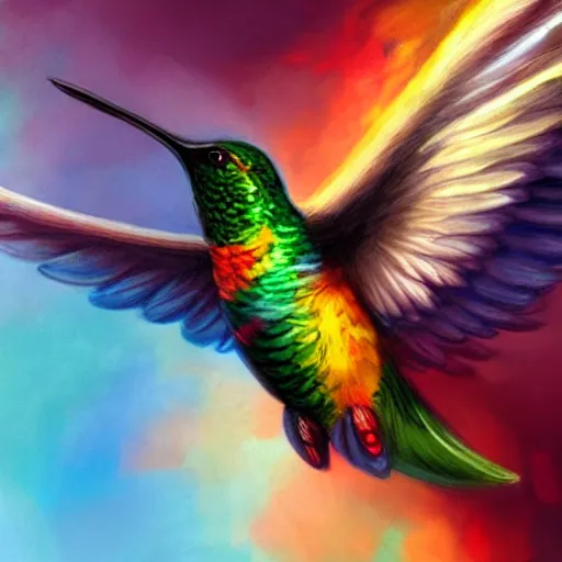 Image similar to cute flying hummingbird phoenix, embers surrounding her wings, shining rainbow feathers, smooth features, on fire, highly stylized, digital painting, artstation, concept art, smooth, soft focus, beautiful rainbow colors, illustration, hummingbird phoenix art by Artgerm and greg rutkowski