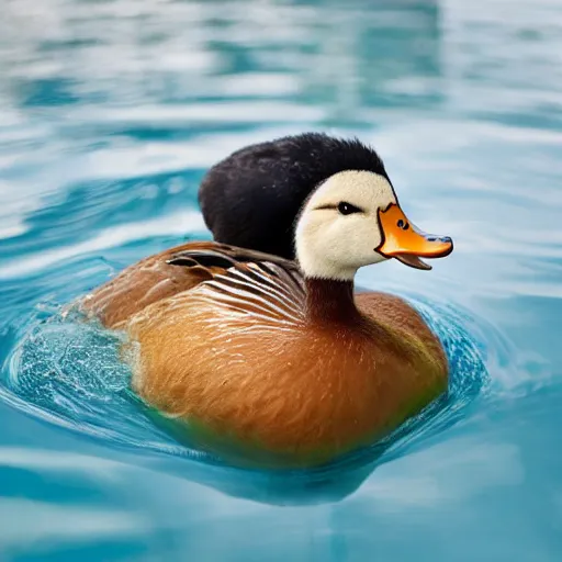 Prompt: a backpack full of yoghurt and a duck swimming in it