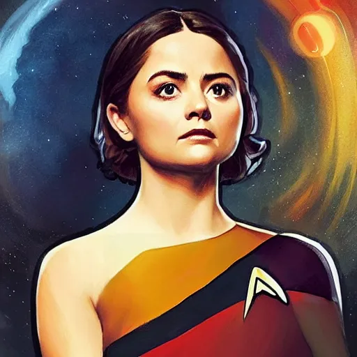 Prompt: jenna coleman as a star trek captain, a still from star trek painted by artgerm and greg rutkowski and alphonse mucha.