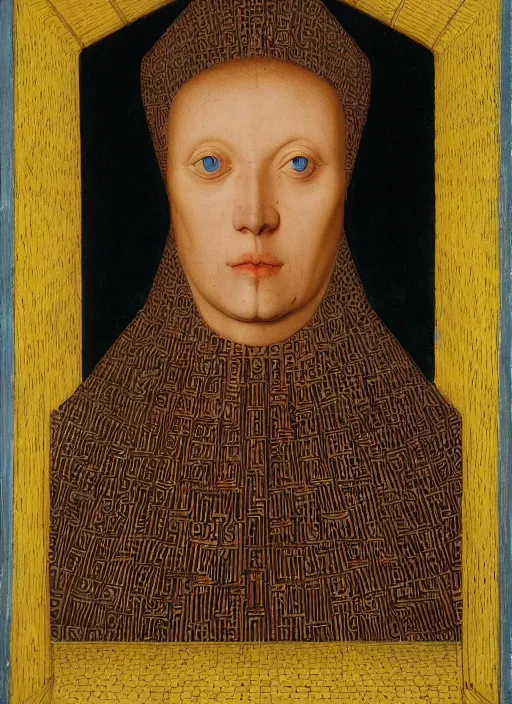 Prompt: a portrait of a half-human, half-machine cybord by Jan van Eyck