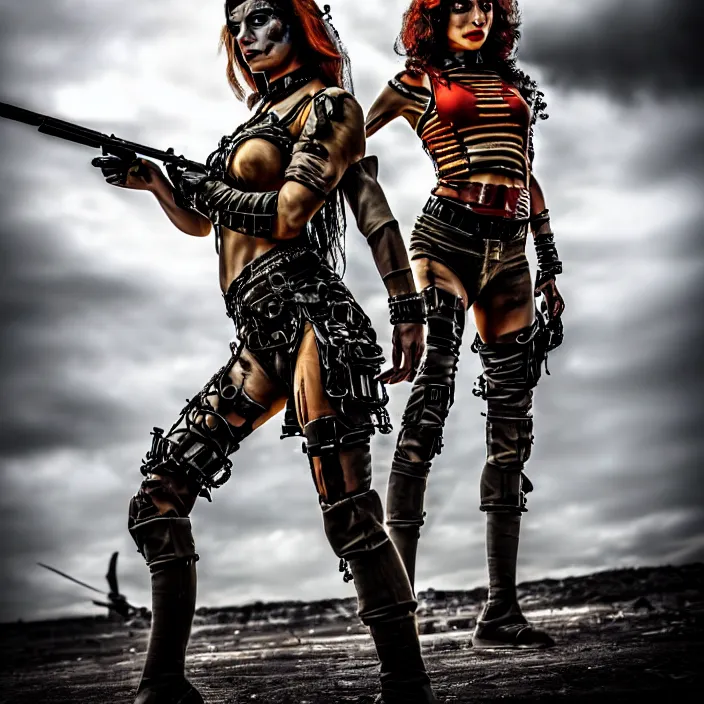 Image similar to full length photo of a very beautiful female atompunk warrior with weapons, 8 k, hdr, smooth, sharp focus, high resolution, award - winning photo